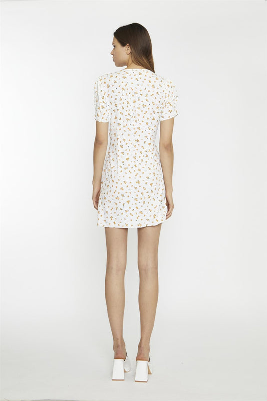 White Orange Ditsy V-Neck Button Down Mini-Dress