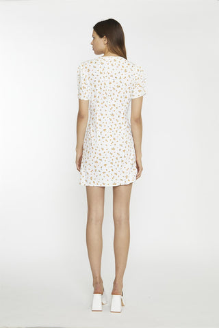 White Orange Ditsy V-Neck Button Down Mini-Dress