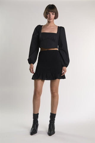 Black Long-Puff-Sleeve-Tie-Detail Crop-Top