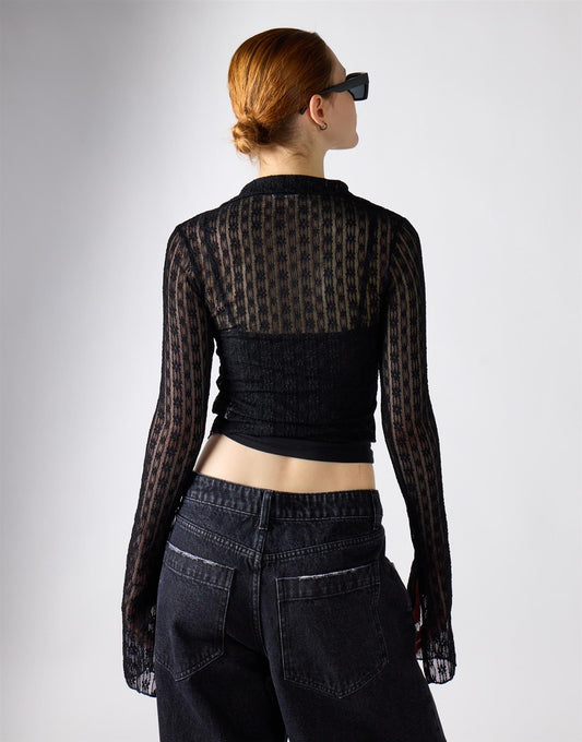 Black Lace Long Sleeve Collar Top