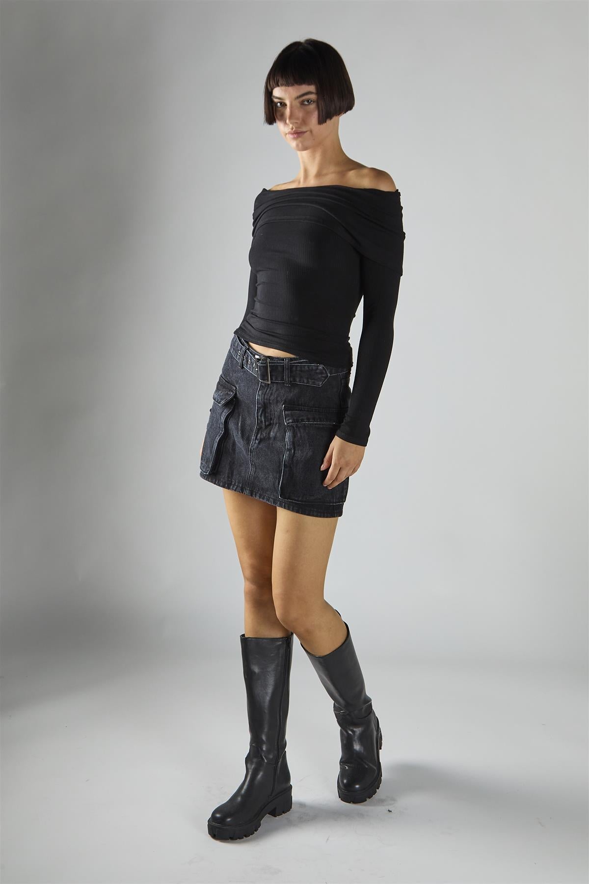 Washed Black Denim Belted Mini Skirt
