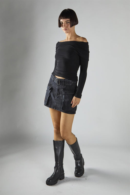 Washed Black Denim Belted Mini Skirt