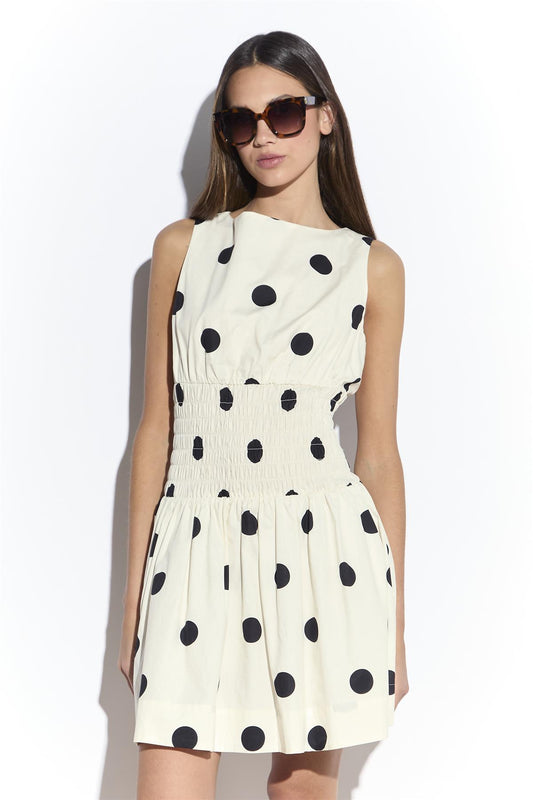 Cream Spot Smocked Waist Mini Dress