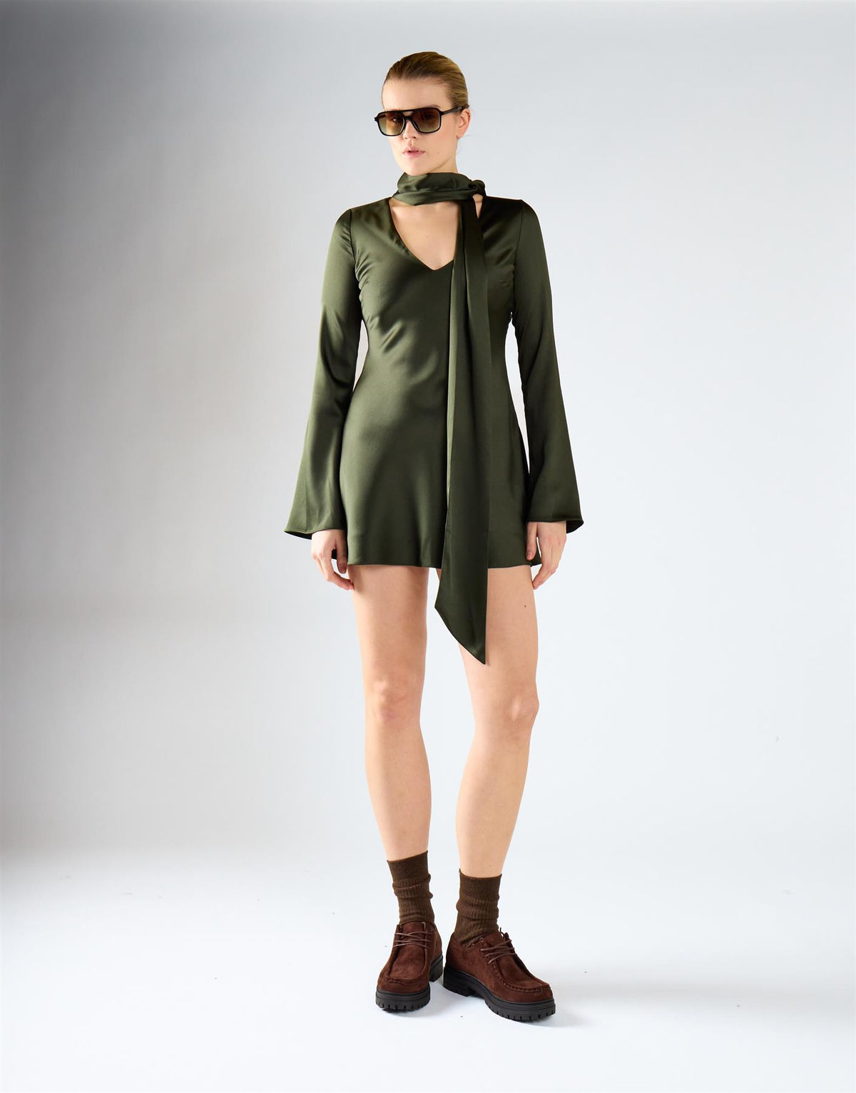Deep Khaki Long-Sleeves Scarf Detail Mini Dress