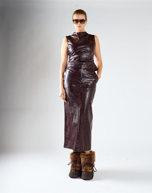 Oxblood PU Faux-Leather Pocket-Detail Midi Skirt