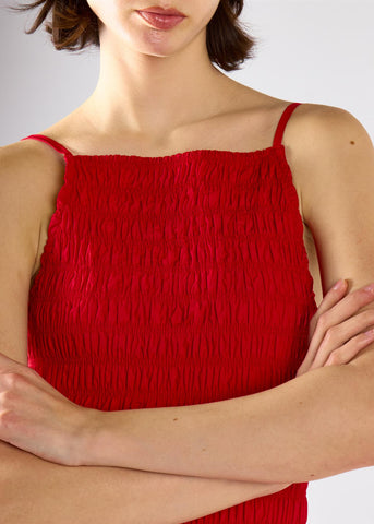 Red Shirring Body Boat Neck Maxi Dress