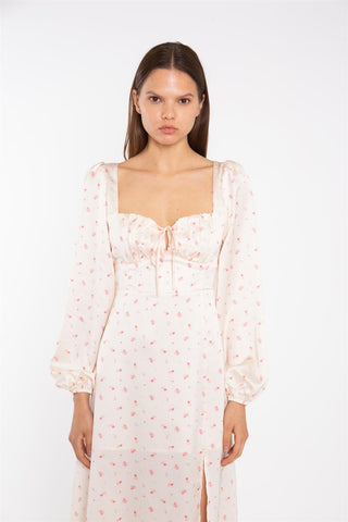 Peach-Pink Daisy Milkmaid Midi-Dress