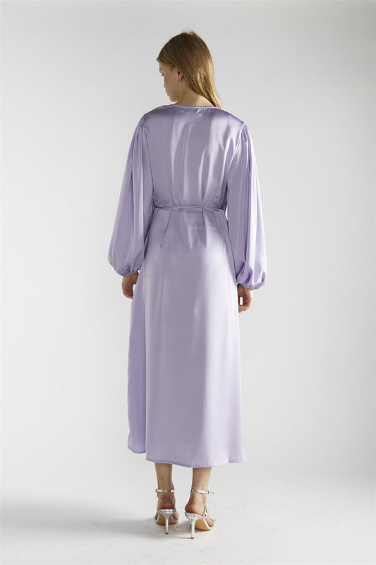 Lilac-Satin Wrap Midi-Dress