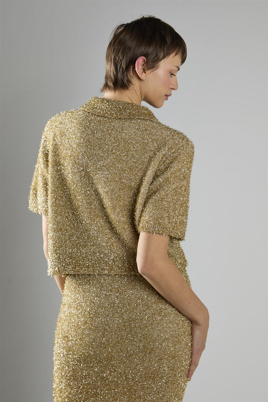 Gold Tinsel Button-Front Collar Short Sleeve Top