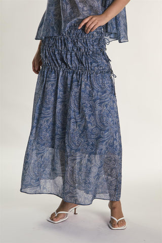 Blue Paisley Ruched Flowy Midaxi Skirt