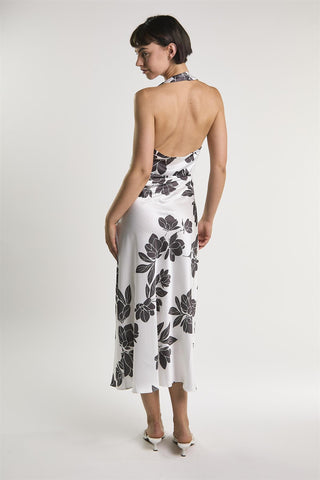 White Brown Floral Halter Neck Midaxi Dress