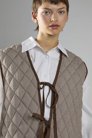 Brown Cream Gingham Quilted Front Tie Gilet