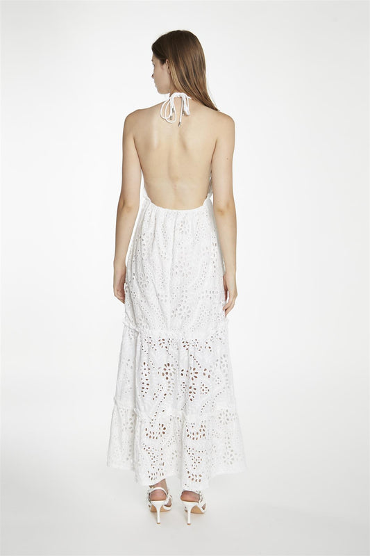 White-Broderie Halterneck Maxi-Dress