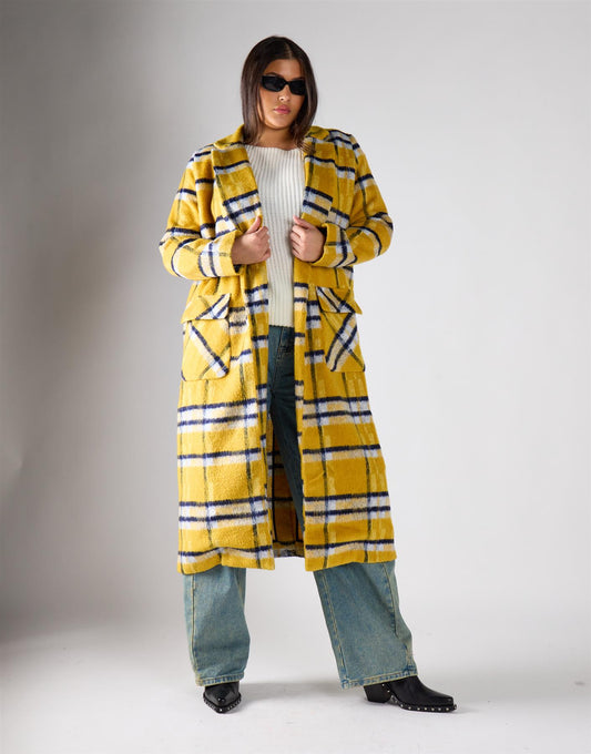 Glamorous Curve Yellow Check Open-Front Coat
