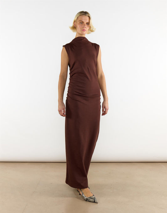 Brown Cotton Mock Neck Long Dress