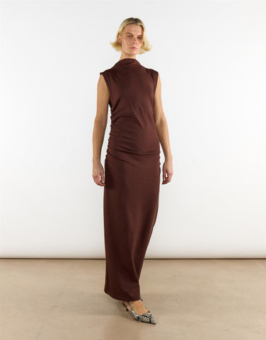 Brown Cotton Mock Neck Long Dress