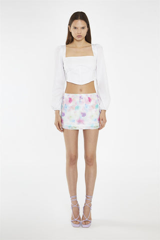 White Long Puff Sleeve Tie-Detail Crop-Top