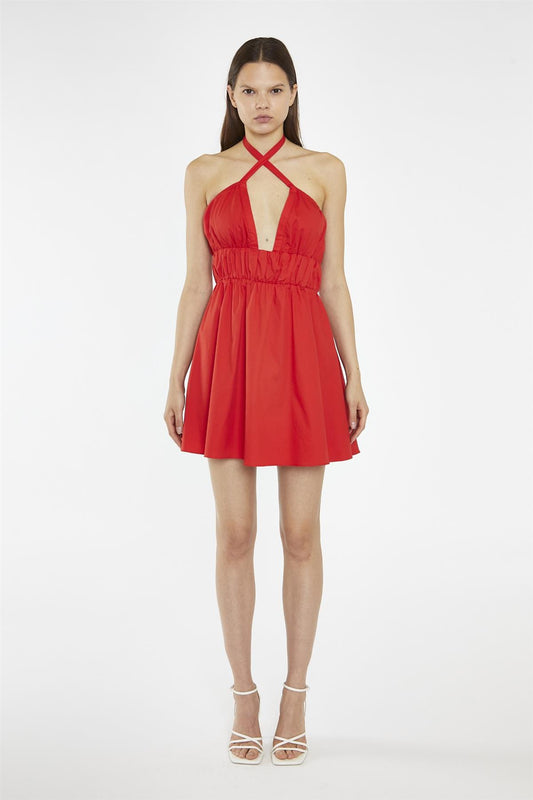 Poppy-Red Cross Over Halterneck Mini-Dress
