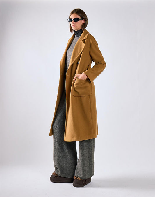 Camel Lapel Collar Midi Coat