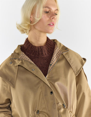 Beige Trench Jacket With Hood and Check Lining