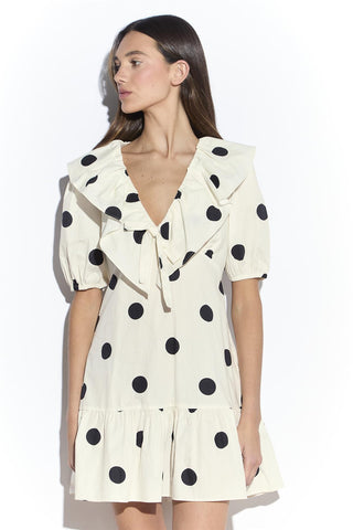 Cream Spot Ruffle Mini Dress with Puff Sleeve