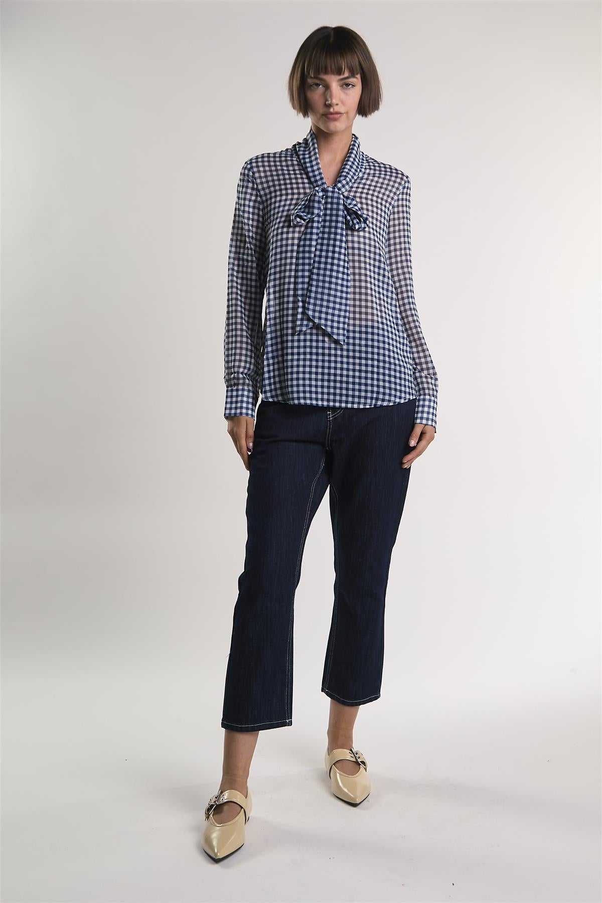 Navy/White-Gingham Front-Tie Long-Sleeve-Top