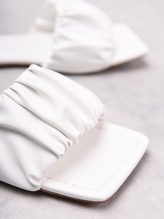 White Ruched Square Toe Sandals