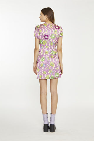 Purple-Swirl-Floral V-Neck-Button-Up Mini-dress