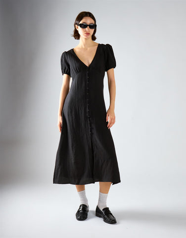 V-Neck Puff Sleeve Midi Dress - Black