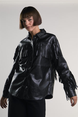Black PU Faux-Leather Fringe Shirt