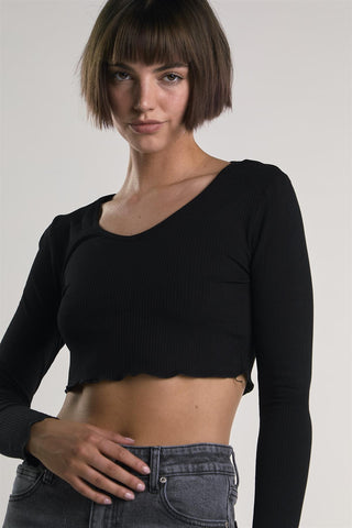 Black V-Neck-Lettuce-Trim Long Sleeve-Top