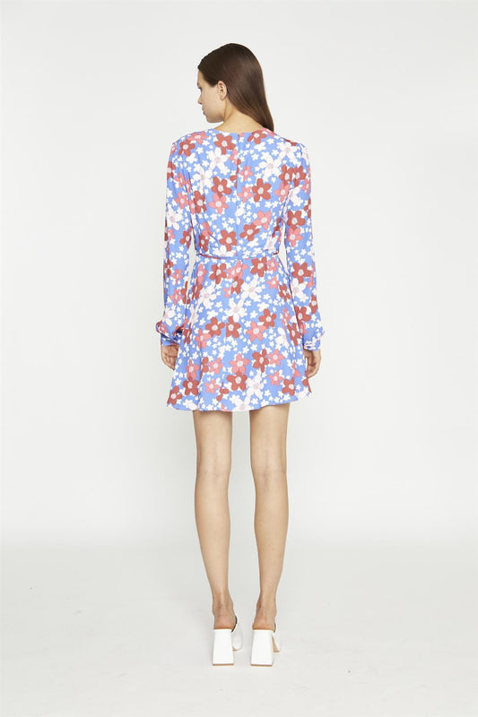 Blue-Red Flower V-Neck Mini-Dress