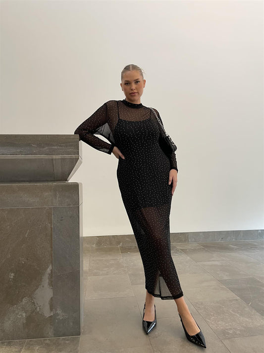 Curve Andi Mesh Bodycon Maxi-Dress  -Black Diamante