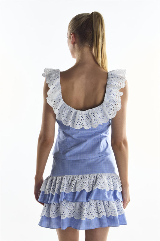 Cornflower Check Embroidery Detail Top