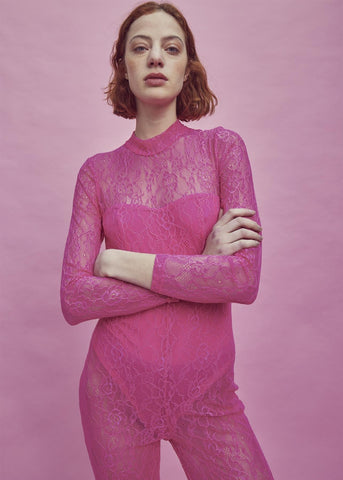 Zoe Lace Full Length Bodysuit -Bright-Pink