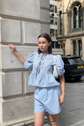 Mixed Blue Stripe Tie-Front Top