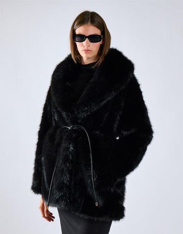 Black Oversized Tie Waist Fur Coat