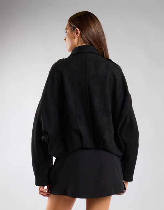 Black Suedette Boxy Collared Jacket