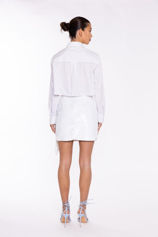 White-Sequin Asymmetric-Drape Mini-Skirt