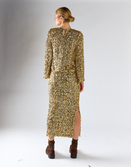 Gold Sequin Side-Slit Midi Skirt