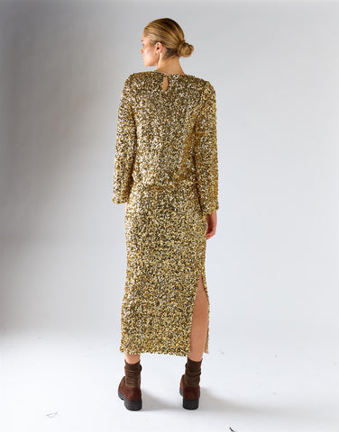 Gold Sequin Side-Slit Midi Skirt