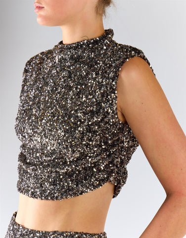 Silver Mini Sequin Sleeveless Mock Neck Crop Top
