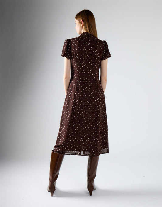 Brown-Cream Spot Tie Neck Midi Dress