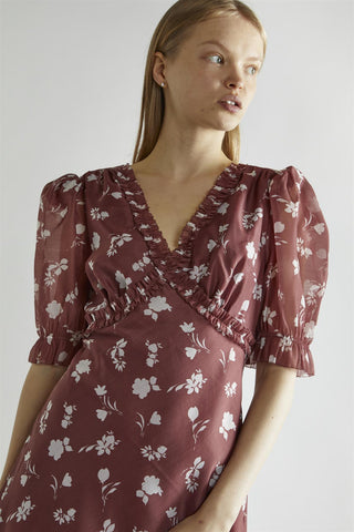 Burgundy-Floral Organza V-Neck Midaxi-Dress