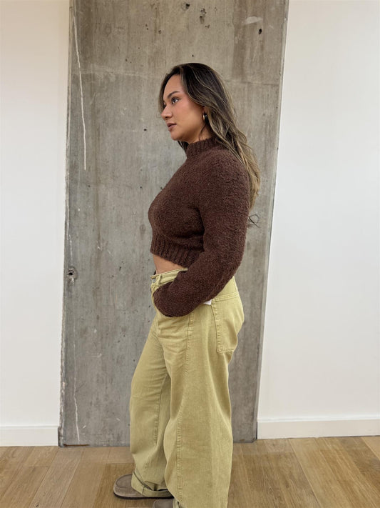 Brown Crew Neck Crop-Jumper