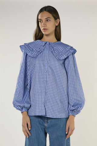 Pale Blue Check Statement Collar Blouse