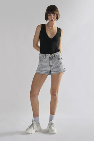 Black-Textured V Neck Ribbed Bodysuit