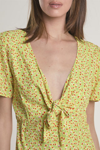 Yellow-Multi-Ditsy V-Neck-Front-Knot Mini-Dress