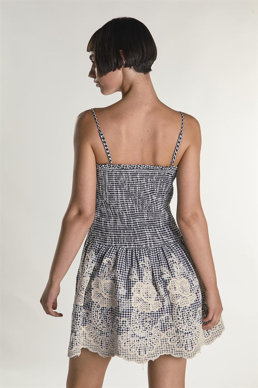 Embroidered Gingham Square Neck Ruched Mini Dress