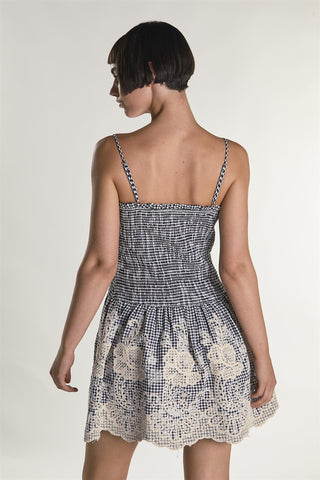 Embroidered Gingham Square Neck Ruched Mini Dress